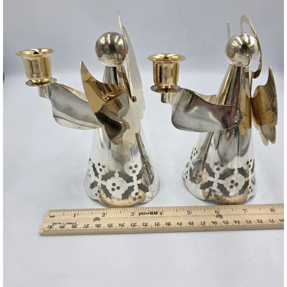 Vtg Internatial Silver Silverplate & Brass Angels‎ Holly Candlestick Holders 6